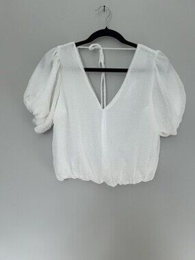 White Chiffon Puff Sleeve Cropped Blouse | Deep V | Tie Back